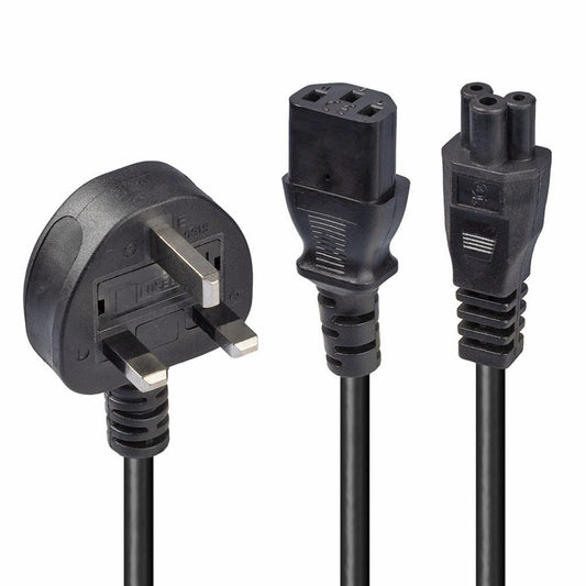 Lindy 30374 2.5m UK 3 Pin Plug To IEC C13 (Kettle) & IEC C5 (Clover) 10 Amp Mains Splitter Extension Cable - Black - PC Gear UK