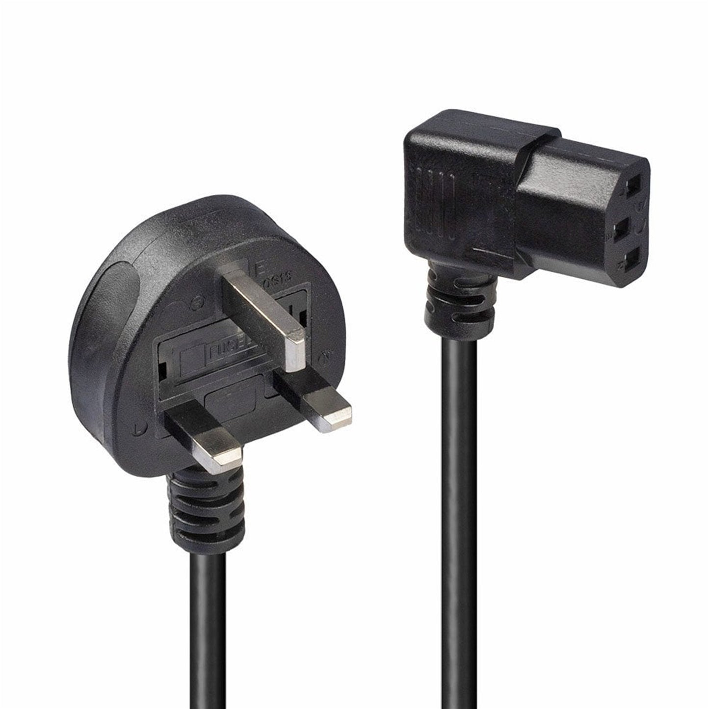 Lindy 30446 1m UK 3 Pin Plug To Right Angle IEC C13 (Kettle) 5 Amp Fuse Mains Extension Cable - Black, Angled