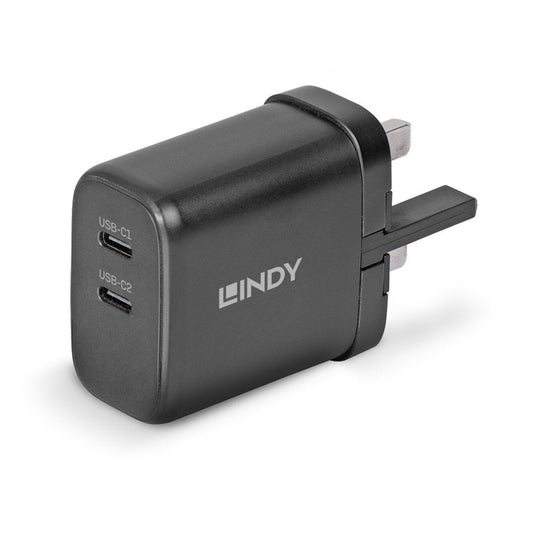 Lindy 65W USB 2 x Type C Charger, Input UK Plug, Output 2 x USB Type C Female, Black - PC Gear UK