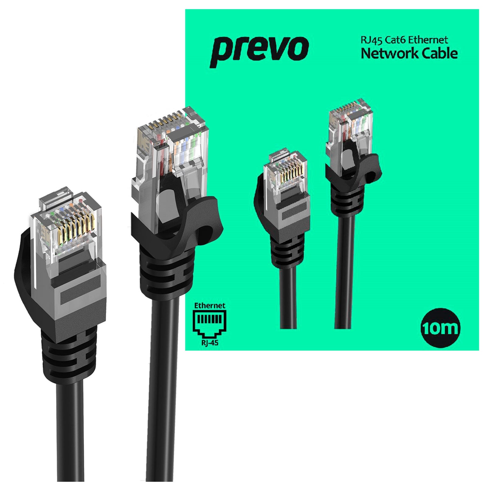 Prevo CAT6-BLK-10M Network Cable, RJ45 (M) to RJ45 (M), CAT6, 10m, Black, Oxygen Free Copper Core, Sturdy PVC Outer Sleeve & Clip Protector, Retail Box Packaging - PC Gear UK