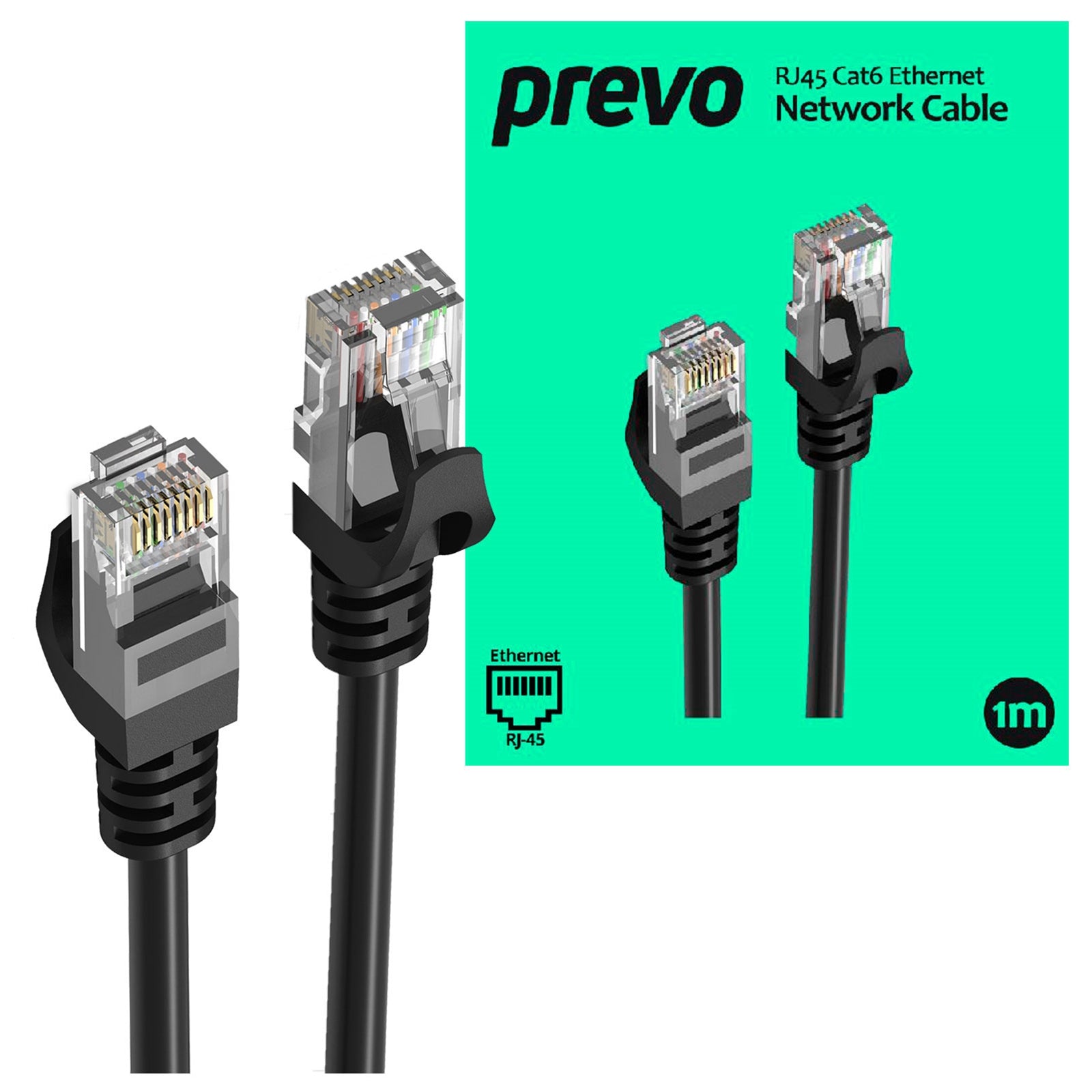 Prevo CAT6-BLK-1M Network Cable, RJ45 (M) to RJ45 (M), CAT6, 1m, Black, Oxygen Free Copper Core, Sturdy PVC Outer Sleeve & Clip Protector, Retail Box Packaging - PC Gear UK