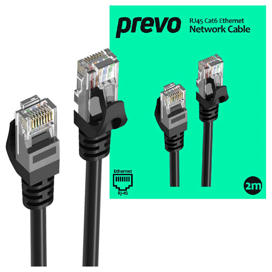Prevo CAT6-BLK-2M Network Cable, RJ45 (M) to RJ45 (M), CAT6, 2m, Black, Oxygen Free Copper Core, Sturdy PVC Outer Sleeve & Clip Protector, Retail Box Packaging - PC Gear UK
