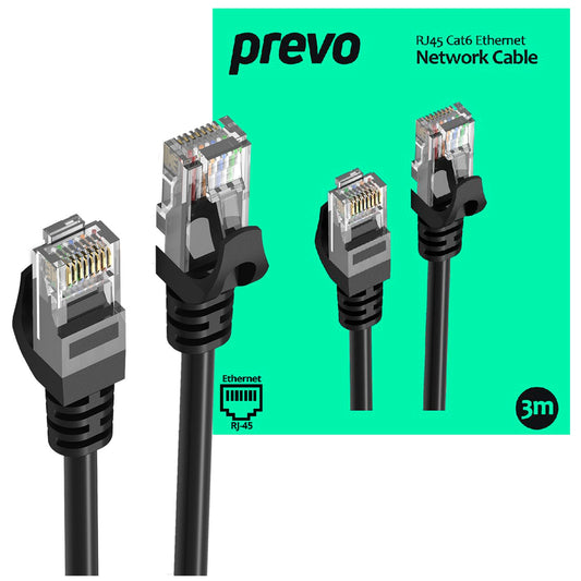 Prevo CAT6-BLK-3M Network Cable, RJ45 (M) to RJ45 (M), CAT6, 3m, Black, Oxygen Free Copper Core, Sturdy PVC Outer Sleeve & Clip Protector, Retail Box Packaging - PC Gear UK