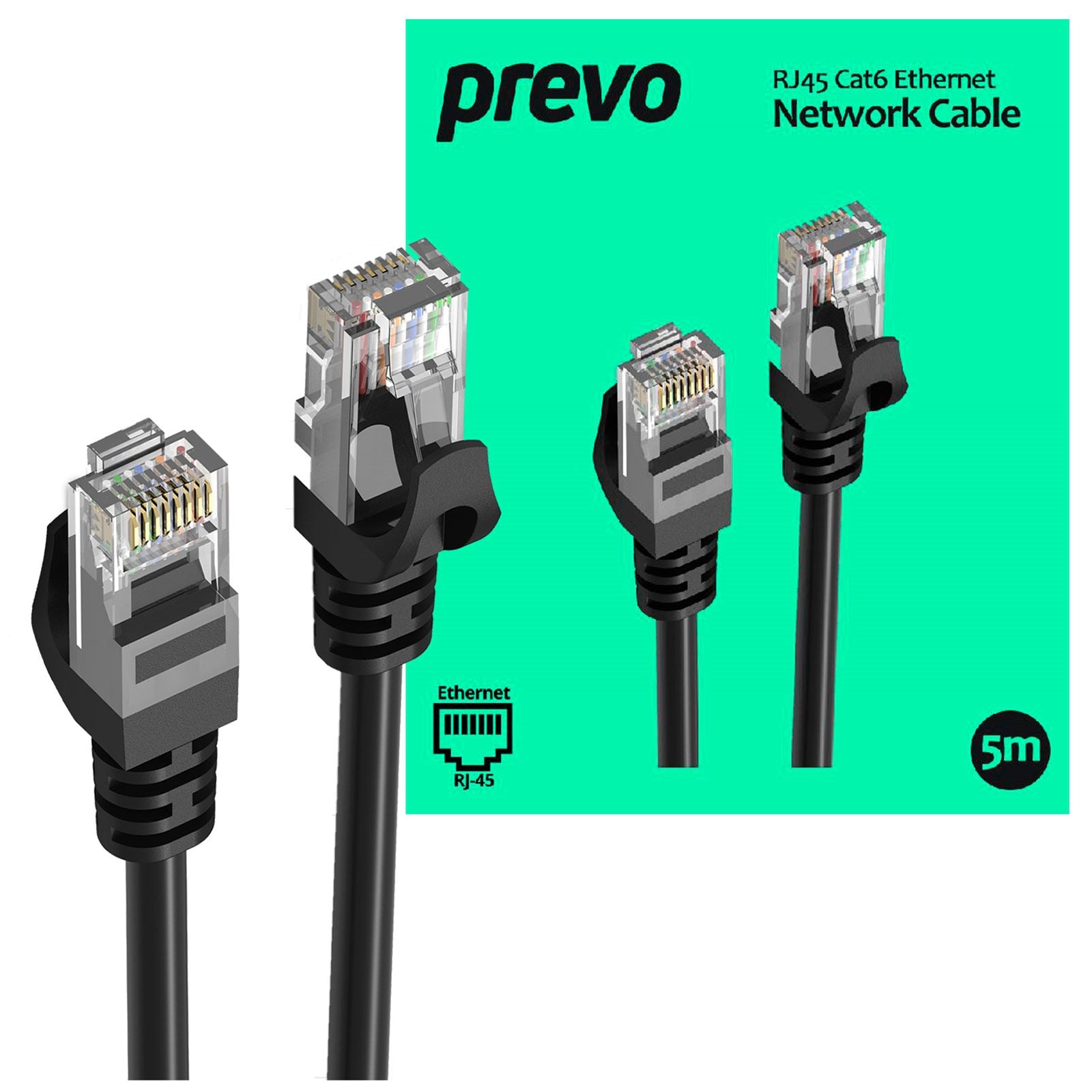 Prevo CAT6-BLK-5M Network Cable, RJ45 (M) to RJ45 (M), CAT6, 5m, Black, Oxygen Free Copper Core, Sturdy PVC Outer Sleeve & Clip Protector, Retail Box Packaging - PC Gear UK