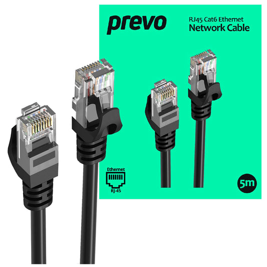 Prevo CAT6-BLK-5M Network Cable, RJ45 (M) to RJ45 (M), CAT6, 5m, Black, Oxygen Free Copper Core, Sturdy PVC Outer Sleeve & Clip Protector, Retail Box Packaging - PC Gear UK