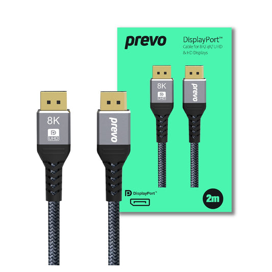 Prevo DP14-2M DisplayPort Cable, DisplayPort 1.4 (M) to DisplayPort 1.4 (M), 2m, Black & Grey, Supports Displays up to 8K@60Hz, Robust Braided Cable, Gold-Plated Connectors, Superior Design & Performance, Retail Box Packaging - PC Gear UK