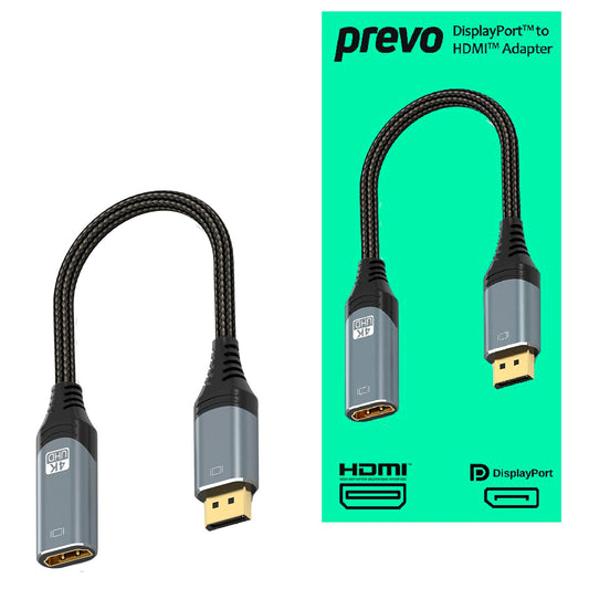 Prevo DPM-HDMIF-ADA Display Converter Adapter, DisplayPort (M) to HDMI (F), 0.2m, Black & Silver, DisplayPort 1.4 & HDMI 2.0, Supports up to 4K@60Hz, Braided Cable, Retail Box Packaging - PC Gear UK