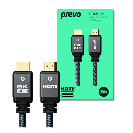 Prevo HDMI-2.1-2M HDMI Cable, HDMI 2.1 (M) to HDMI 2.1 (M), 2m, Black & Grey, Supports Displays up to 8K@60Hz, 99.9% Oxygen-Free Copper with Gold-Plated Connectors, Superior Design & Performance, Retail Box Packaging - PC Gear UK