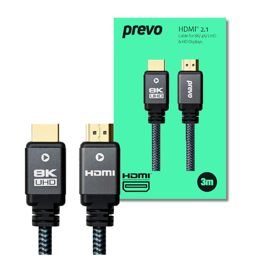 Prevo HDMI-2.1-3M HDMI Cable, HDMI 2.1 (M) to HDMI 2.1 (M), 3m, Black & Grey, Supports Displays up to 8K@60Hz, 99.9% Oxygen-Free Copper with Gold-Plated Connectors, Superior Design & Performance, Retail Box Packaging - PC Gear UK