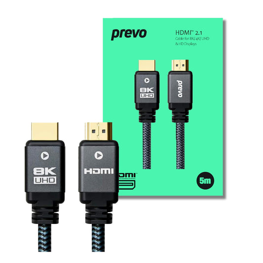 Prevo HDMI-2.1-5M HDMI Cable, HDMI 2.1 (M) to HDMI 2.1 (M), 5m, Black & Grey, Supports Displays up to 8K@60Hz, 99.9% Oxygen-Free Copper with Gold-Plated Connectors, Superior Design & Performance, Retail Box Packaging - PC Gear UK