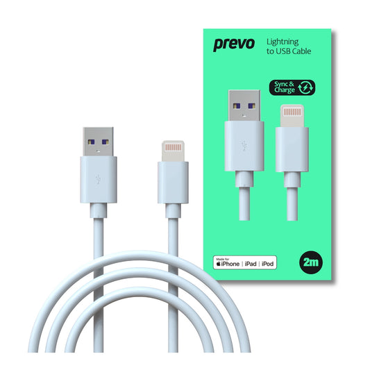 Prevo USB-LIGHTNING-2M Lightning Cable, USB 2.0 A (M) to Apple Lightning (M), 2m, White, MFI Certified, Fast Charging up to 2.1A, Data Sync Rate up to 480Mbps, Superior Design & Performance, Retail Box Packaging - PC Gear UK