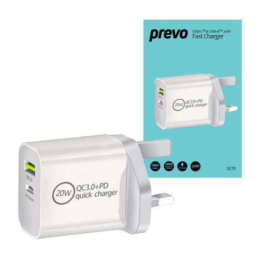 Prevo QC70 20W USB Type-C & USB Type-A Fast Charge Mains Charger with QC 3.0 for Laptops, Ultrabooks, Chromebooks, iPads, MacBooks, Smartphones, Tablets, Mobile Devices, Action Cameras, DSLRs - PC Gear UK