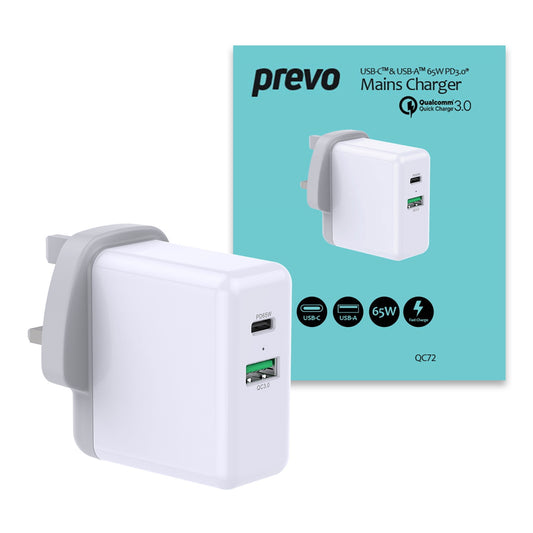 Prevo QC72 65W USB Type-C & USB Type-A Fast Charge Mains Charger with Qualcomm Quick Charge 3.0 and 1.5m 100W USB-C Cable for Laptops, Ultrabooks, Chromebooks, iPads, MacBooks, Smartphones, Tablets, Mobile Devices, Action Cameras, DSLRs - PC Gear UK