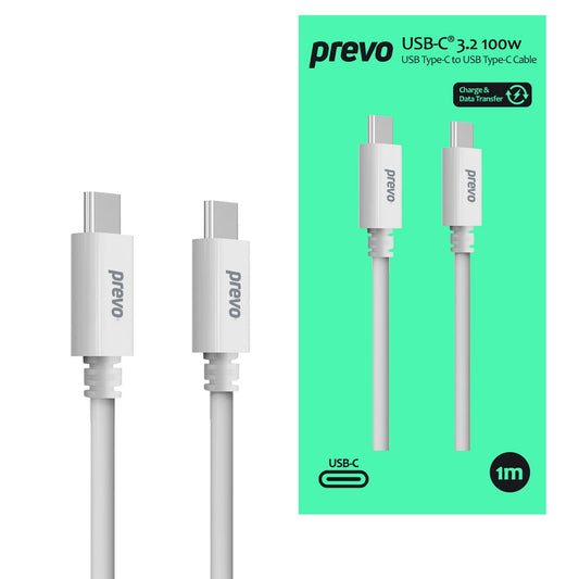 Prevo USB 3.2 100W C to C cable, 20V/5A, 10GB/20GB/s, White, Superior Design & Performance, Retail Box Packaging - PC Gear UK