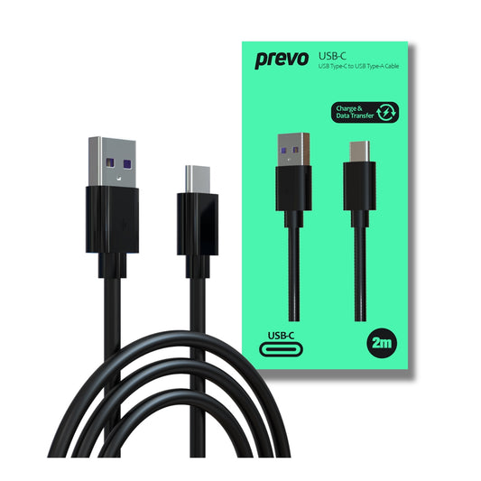Prevo USBA-USBC-2M Data Cable, USB 2.0 Type-A (M) to USB 2.0 Type-C (M), 2m, Black, Fast Charging up to 2.1A / 5V, Nickel Plated Connectors, Superior Design & Performance, Retail Box Packaging - PC Gear UK