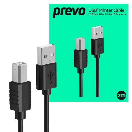 Prevo USBA-USBB-2M USB Printer Cable, USB 2.0 Type-A (M) to USB 2.0 Type-B (M), 2m, Black, 480Mbps Transmission Rate, Suitable for Printers & Scanners, Retail Box Packaging - PC Gear UK