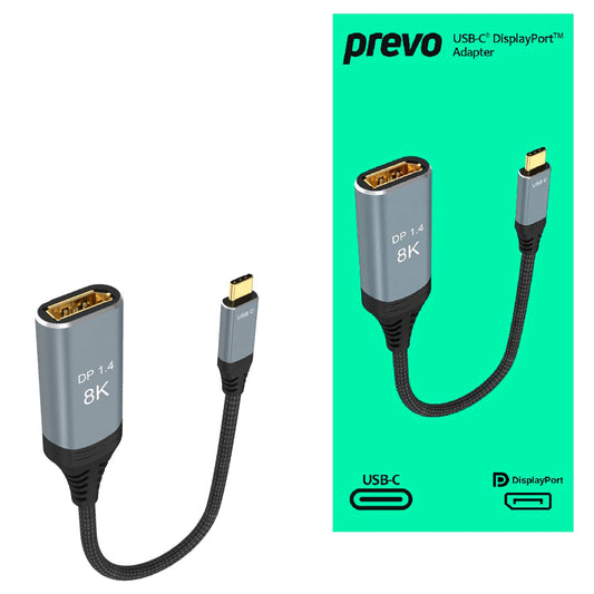 Prevo USBC-DP-ADA Display Converter Adapter, USB Type-C (M) to DisplayPort (F), 0.2m, Black & Silver, DisplayPort 1.4, Supports up to 8K@30Hz, Braided Cable, Retail Box Packaging - PC Gear UK
