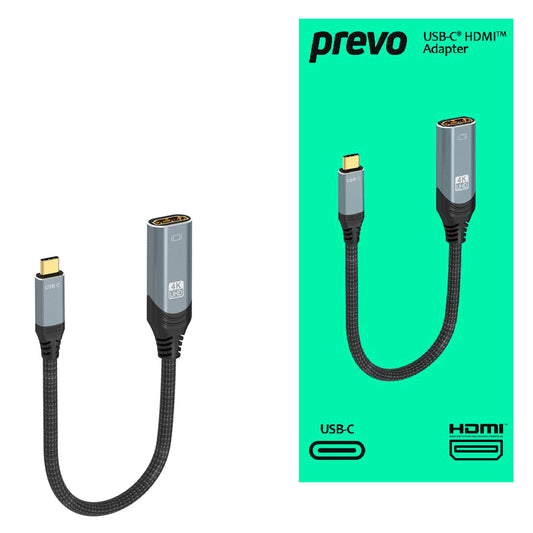 Prevo USBC-HDMI-ADA Display Converter Adapter, USB Type-C (M) to HDMI (F), 0.2m, Black & Silver, HDMI 2.0, Supports up to 4K@60Hz, Braided Cable, Retail Box Packaging - PC Gear UK