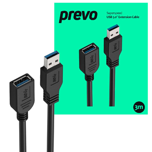 Prevo USBM-USBF-3M USB 3.0 Extension Cable, USB 3.0 Type-A (M) to USB Type-A (F), 3m, Black, Up to 5Gbps Transmission Rate, Retail Box Packaging - PC Gear UK