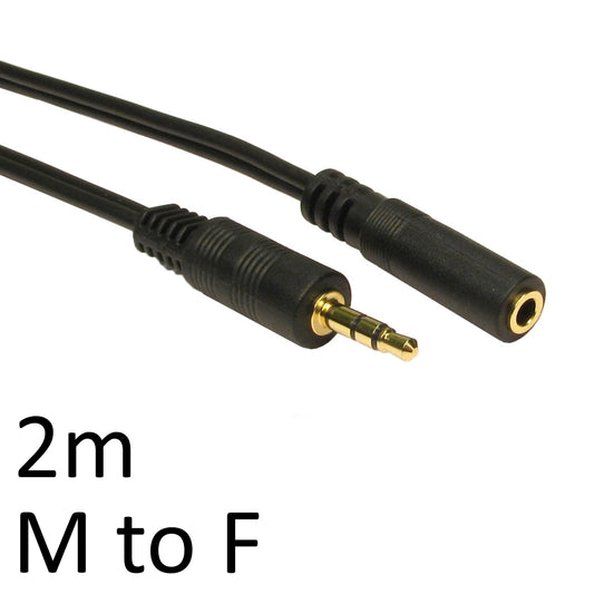 3.5mm (M) Stereo Plug to 3.5mm (F) Stereo Socket 2m Black OEM Cable - PC Gear UK