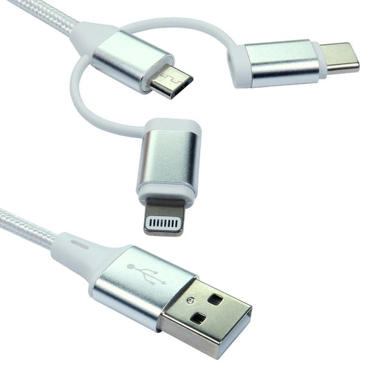 NEWlink 1.2m 3-in-1 USB Charging Cable, USB-A To USB Micro, USB-A To USB-C, USB-A to Lightning - White - PC Gear UK