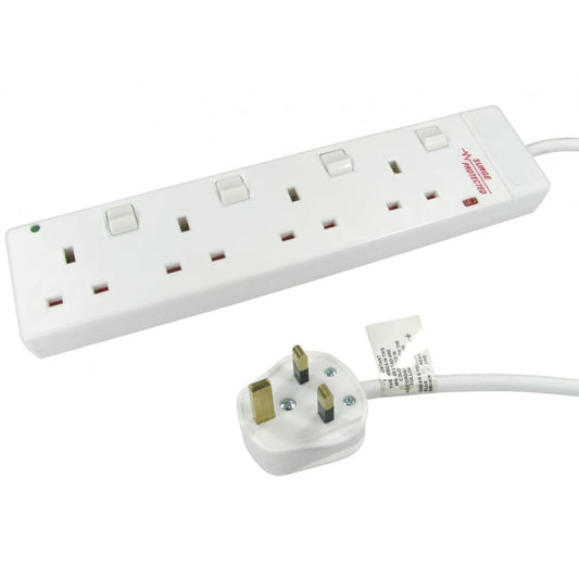 2m 4 Gang Surge Protected LED Indicator Individually Switched UK Mains Extension - White - PC Gear UK