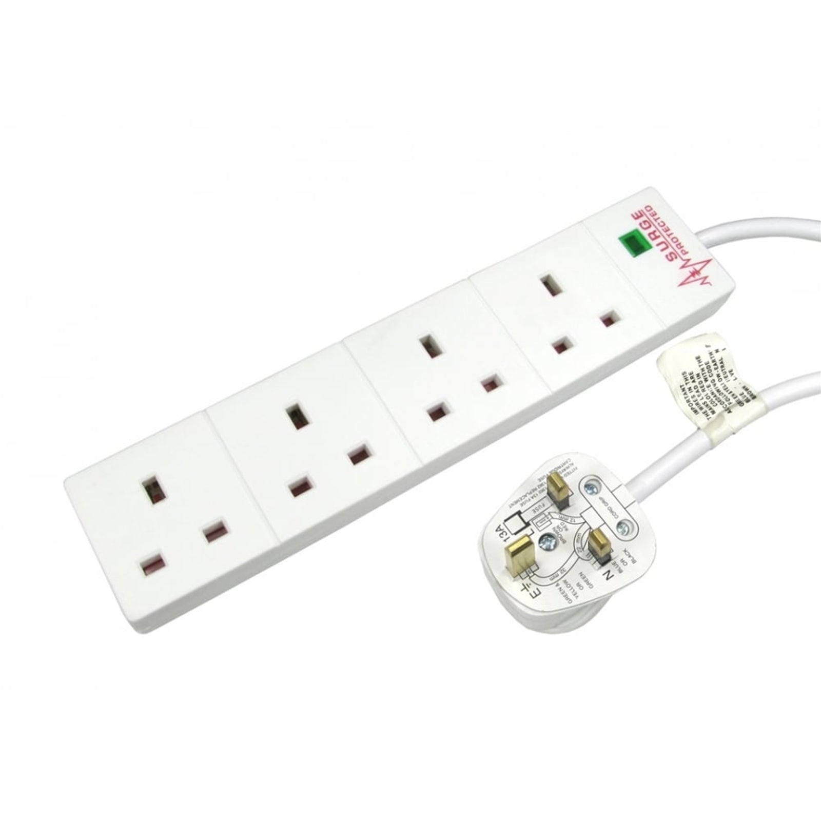 2m 4 Gang Surge Protected LED Indicator UK Mains Extension - White - PC Gear UK