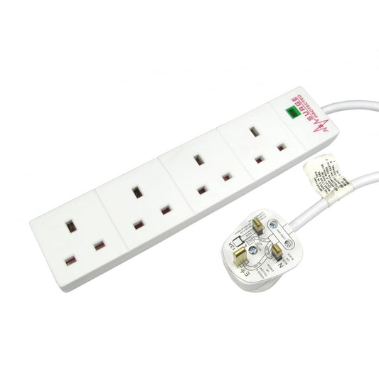 2m 4 Gang Surge Protected LED Indicator UK Mains Extension - White - PC Gear UK