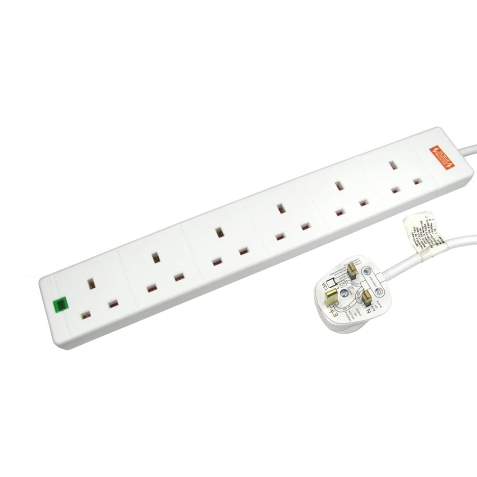 5m 6 Gang Surge Protected LED Indicator UK Mains Extension - White - PC Gear UK
