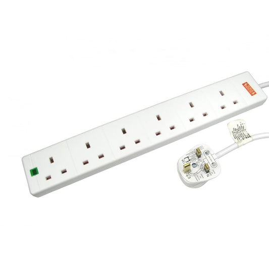 5m 6 Gang Surge Protected LED Indicator UK Mains Extension - White - PC Gear UK