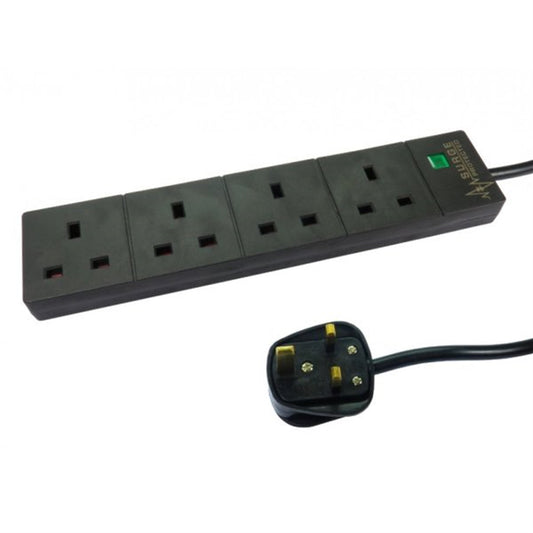 2m 4 Gang Surge Protected LED Indicator UK Mains Extension - Black - PC Gear UK