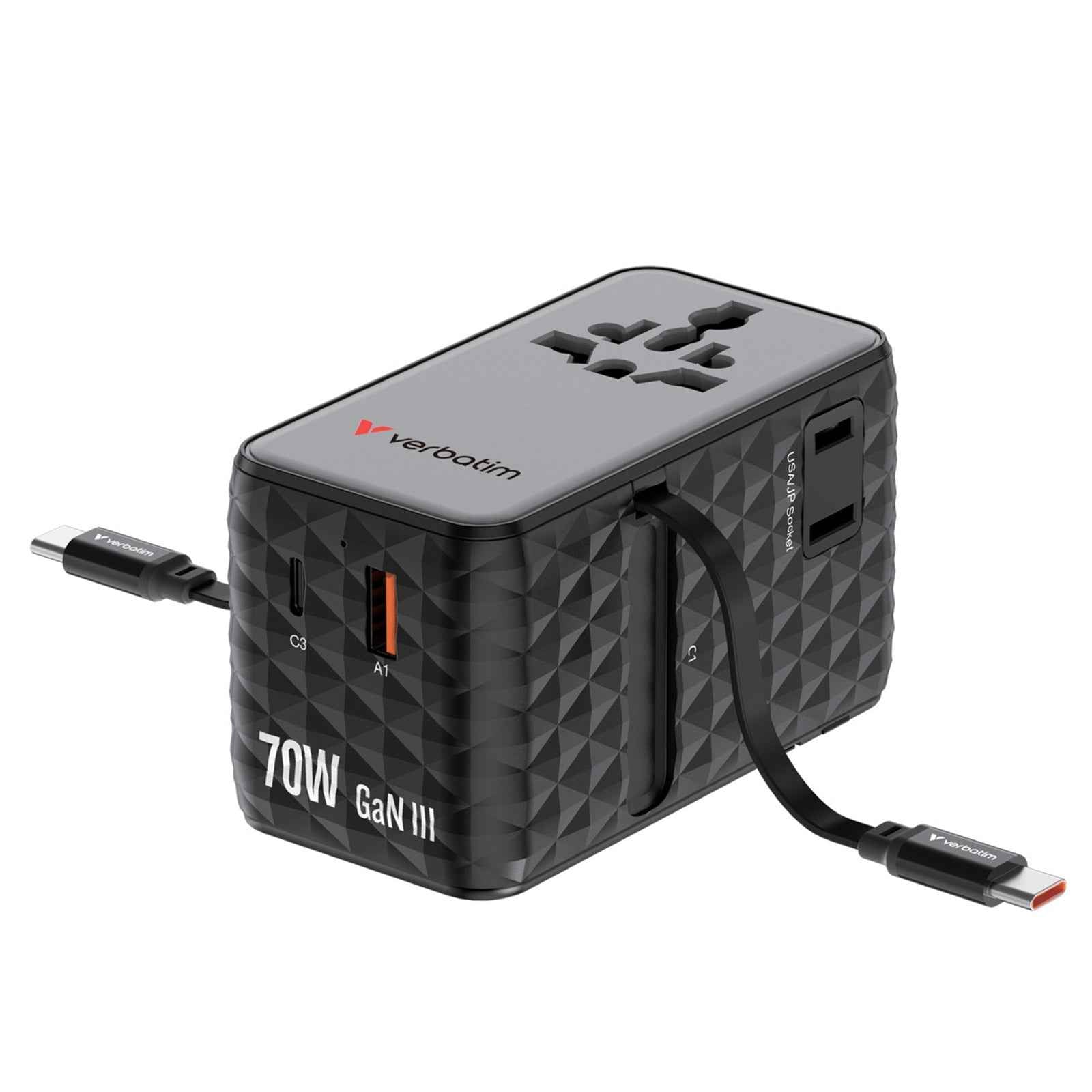 Verbatim (30186) Charge 'n' Travel 70W 2C Retractable Universal Travel Adapter Black, Fast Charging up to 70W