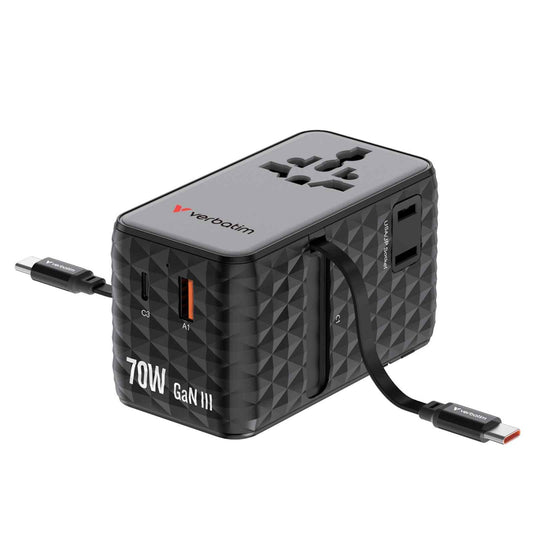 Verbatim (30186) Charge 'n' Travel 70W 2C Retractable Universal Travel Adapter Black, Fast Charging up to 70W