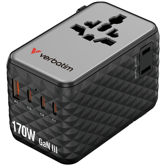 Verbatim (30190) Charge 'n' Travel 170W Universal Travel Adapter Black, Charge Up To 6 Devices AT Once
