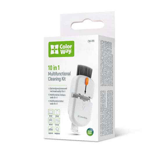 ColorWay CW-1111 10-in-1 Electronics Cleaning Kit Designed For Safely Cleaning Headphones, Keyboards, Screens and Cameras. Includes A Retractable Brush, Flocked Sponge, Microfiber Wipes, Screen Cleaner Spray, Key Remover, In A Compact Case Featuring A Pho