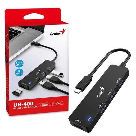 Genius 4 Port USB-C Hub, 4 x USB 3.0 Type-A (F) Ports, Plug and Play Installation - PC Gear UK