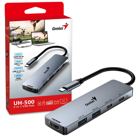 Genius USB Type-C 5-In-1 Hub Docking Station with USB-C 100W Power Delivery, USB-C 3.0, 2x USB A 3.0, 4K HDMI, PC, Laptop, Tablets, iPad, MacBook, iMac Compatible - PC Gear UK