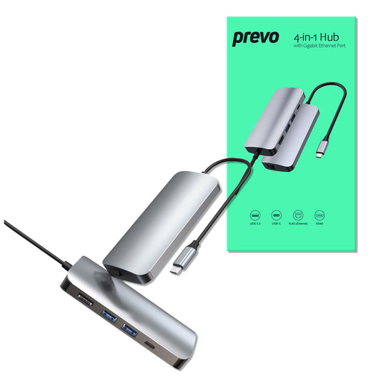 Prevo C501R 4-In-1 USB-C Networking Hub Docking Station with RJ-45 Gigabit Ethernet, 60W Passthrough, USB-A USB 3.0, 4K HDMI for PC, Laptop, Tablet - Windows & Mac iOS Compatible - PC Gear UK