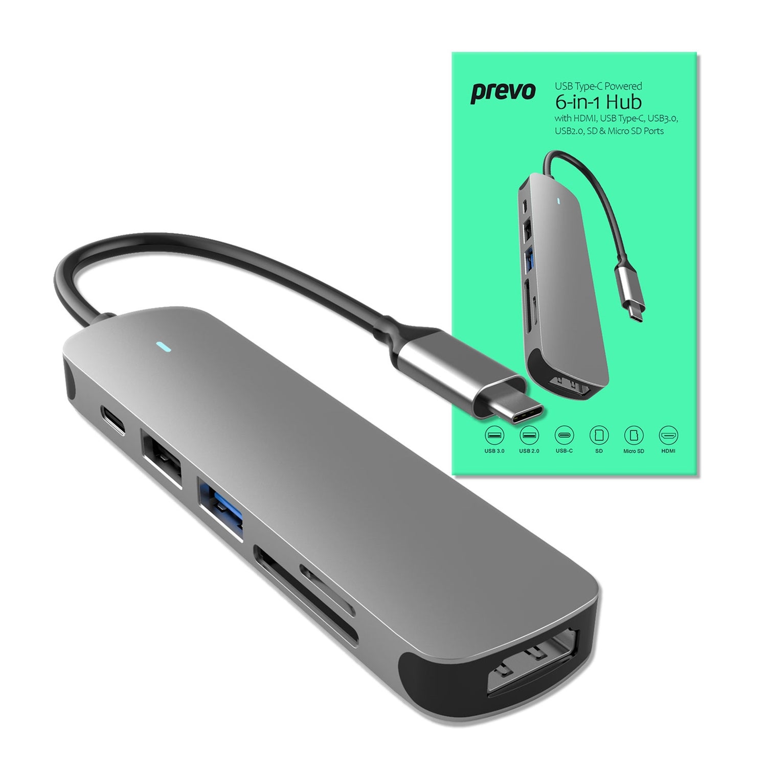 Prevo C605A 6-In-1 USB-C 4K Media and Data Transfer Hub Docking Station with 60W Passthrough, USB-C, HDMI, SD, USB-A  for PC, Laptop, Tablet - Windows and Mac iOS Compatible - PC Gear UK