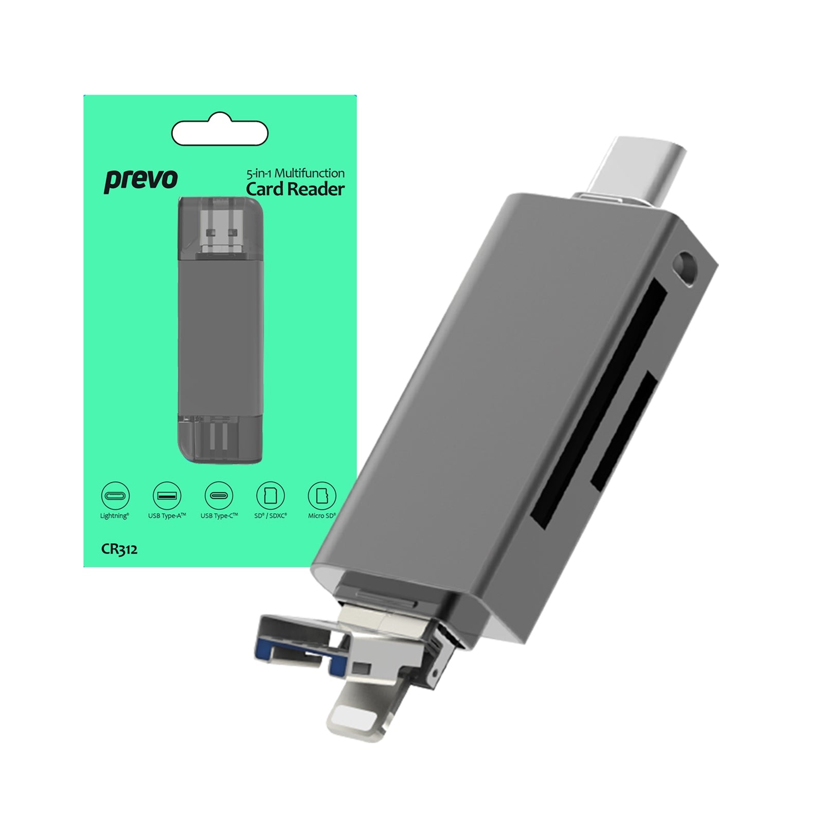 Prevo CR312 USB 2.0, USB Type-C and Lightning Connection, Card Reader, High-speed Memory Card Adapter Supports SD/Micro SD/TF/SDHC/SDXC/MMC, Compatible with Windows, Mac OS and Android, Black - PC Gear UK