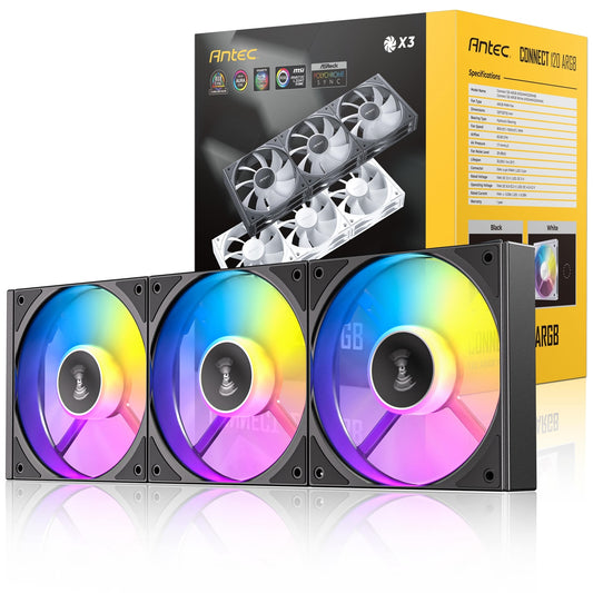Antec Connect 120 ARGB 3-Pack 120mm PWM Fans with Daisy Chain Design and Vibration-Absorbing Pads - PC Gear UK