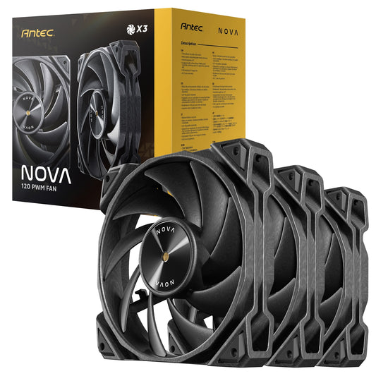 Antec NOVA 120 PWM Fan, 3 Pack, High-Performance Cooling with Fluid Dynamic Bearing, Precise Three-Phase Speed Control, Industrial-Grade Metal Construction, and Dustproof Design - PC Gear UK