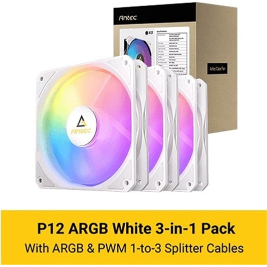 Antec P12 ARGB PWM 120mm Fan 3 Pack - 4-Pin, White, High-Airflow Cooling, 9-Blade Design with Anti-Vibration Pads - PC Gear UK