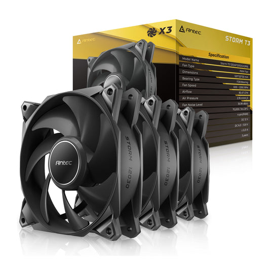 Antec Storm T3 120mm PWM Case Fan, 3 Pack, Fluid Dynamic Bearing, 600-2200 RPM, Black - PC Gear UK