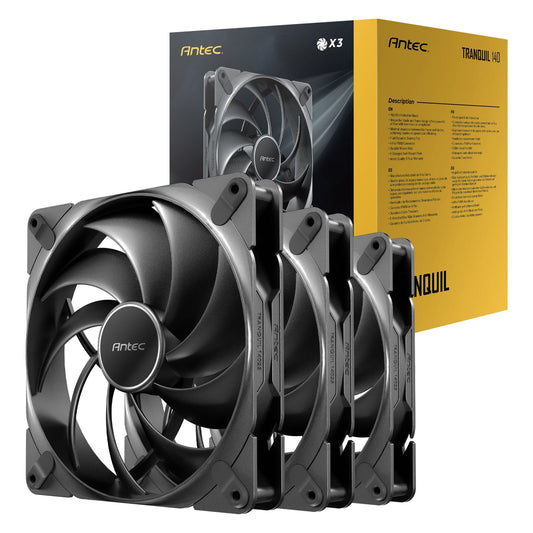 Antec Tranquil 140 PWM Case Fan, 3 Pack, Fluid Dynamic Bearing, 450-1500 RPM, Black - PC Gear UK