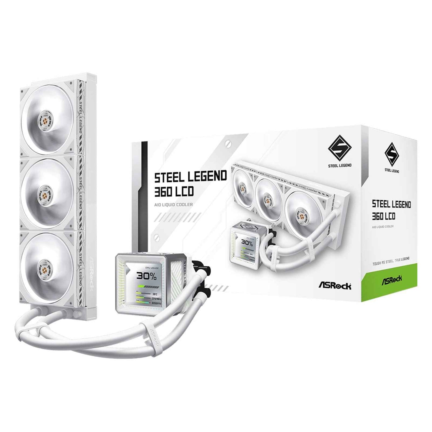 ASRock Steel Legend 360 LCD White AIO Liquid CPU Cooler, 360mm Radiator, Triple 120mm PWM ARGB Fans, LCD Display, Intel LGA1700/1851 & AMD AM5/AM4 Compatible