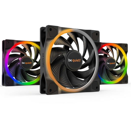be quiet! Light Wings PWM High Speed Addressable RGB Fan Pack, 120mm, 2500RPM, 4-Pin PWM Fan & 3-Pin ARGB Connectors, Black Frame, Black Blades, ARGB Lighting on Front & Rear, Addressable RGB Hub Included - PC Gear UK