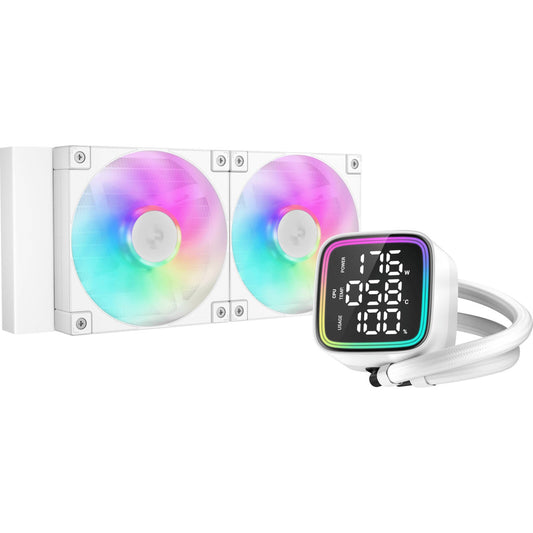 DeepCool LD 240 AIO Liquid CPU Cooler, White, Universal Socket, 240mm Radiator, PWM 2400RPM Cooling Fans, Addressable RGB LED Lighting, Fully Customizable Infinity Mirror Cap Design, Digital Display, - PC Gear UK