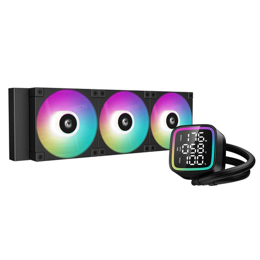 DeepCool LD 360 AIO Liquid CPU Cooler, Universal Socket, 360mm Radiator, PWM 2400RPM Cooling Fans, Addressable RGB LED Lighting, Fully Customizable Infinity Mirror Cap Design, Digital Display, - PC Gear UK