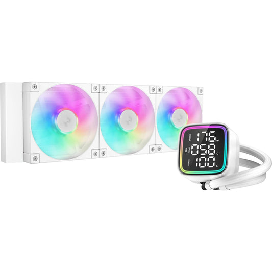 DeepCool LD 360 AIO Liquid CPU Cooler,White, Universal Socket, 360mm Radiator, PWM 2400RPM Cooling Fans, Addressable RGB LED Lighting, Fully Customizable Infinity Mirror Cap Design, Digital Display, - PC Gear UK
